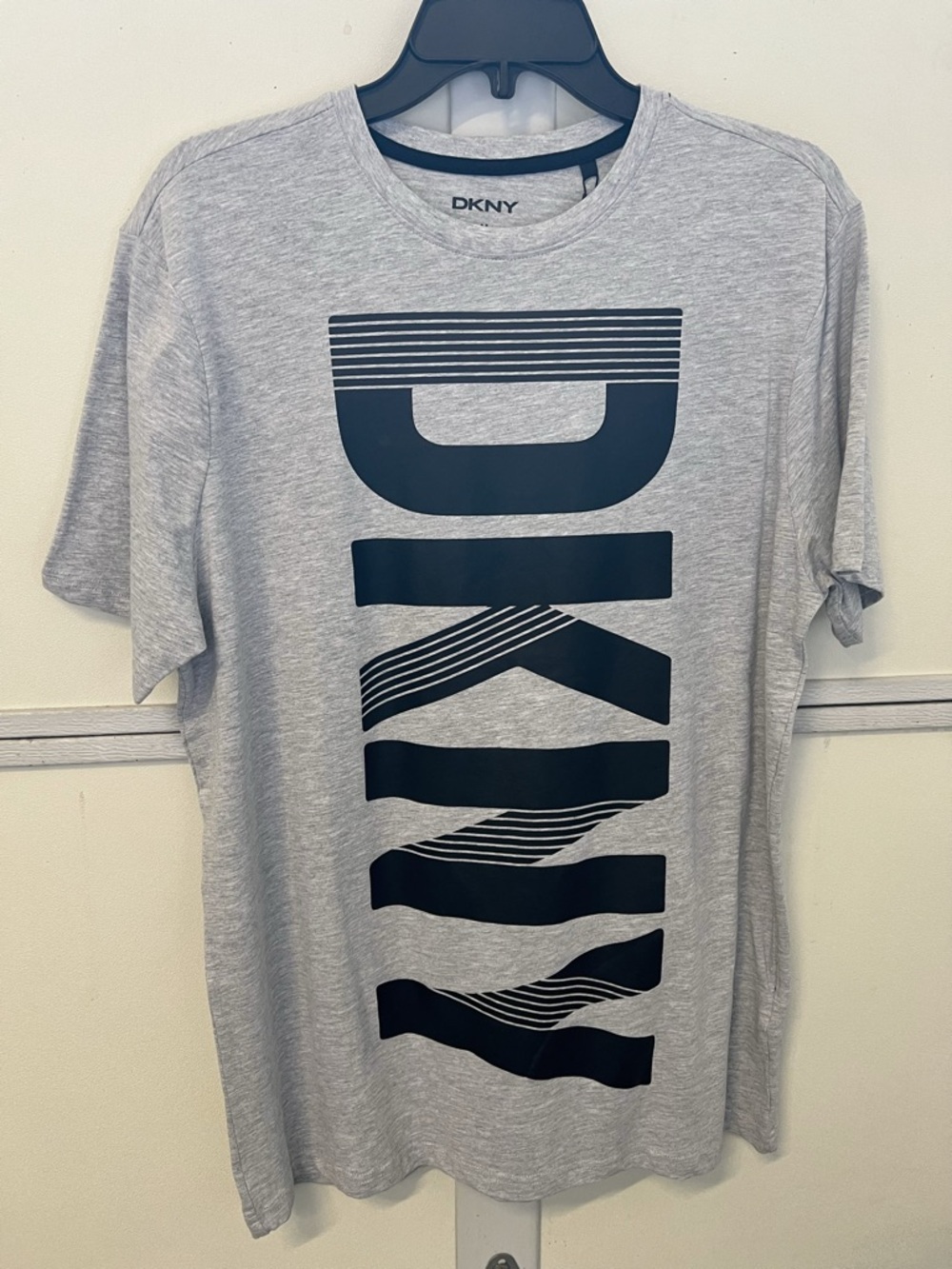 DKNY Light Gray Short-Sleeve Tee with Navy Vertical Logo